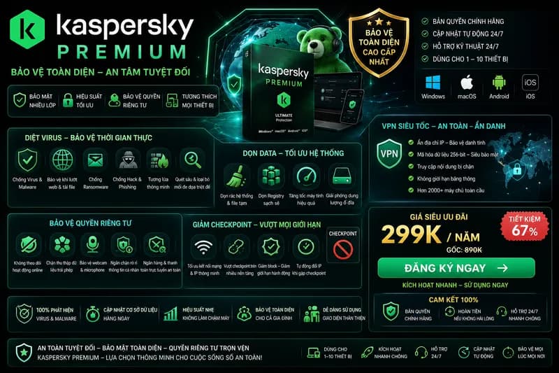 Kaspersky Premium + VPN Diệt Virus Dọn data + Bảo Vệ quyền Riêng tư + giảm checkpoint trên 1 máy - Key Premium có VPN |3 thiết bị 1 năm